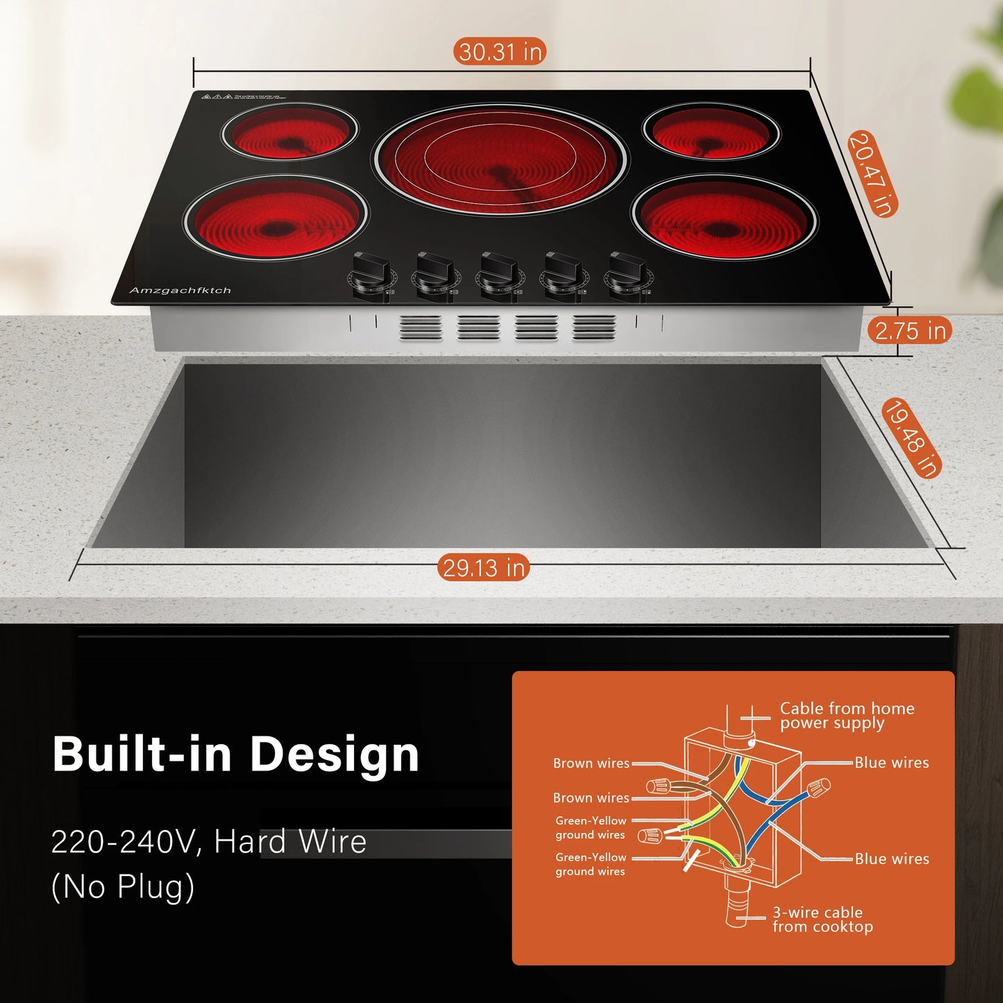 30" Built-in Electric Cooktop 5 Burner 9000W Ceramic Stove with Expandable Triple Ring & Residual Heat Indicator ETL Certified
