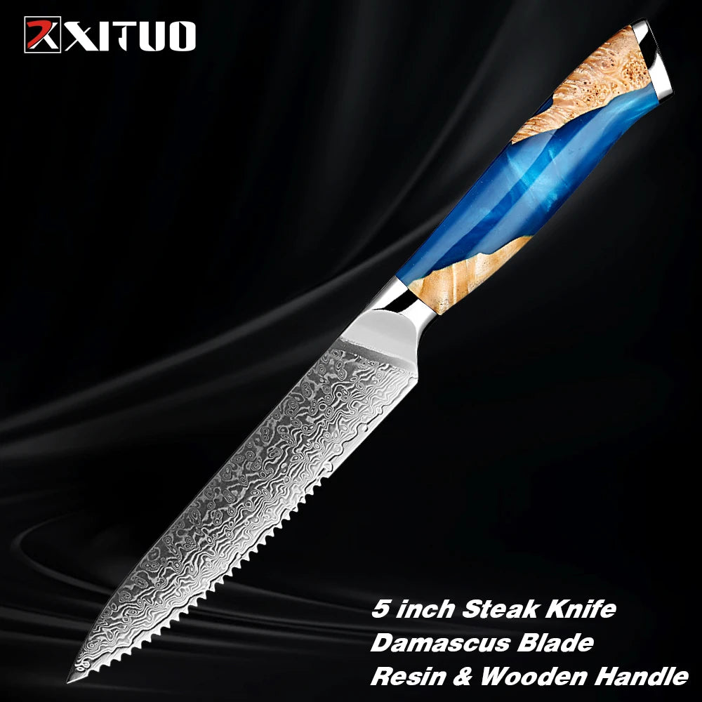 Damascus Steel Chef Knife Set 1-7PCS Ultra Sharp Japanese Kitchen Knives - Santoku Chef Knife, Cleaver, Boning, Fruit Knives