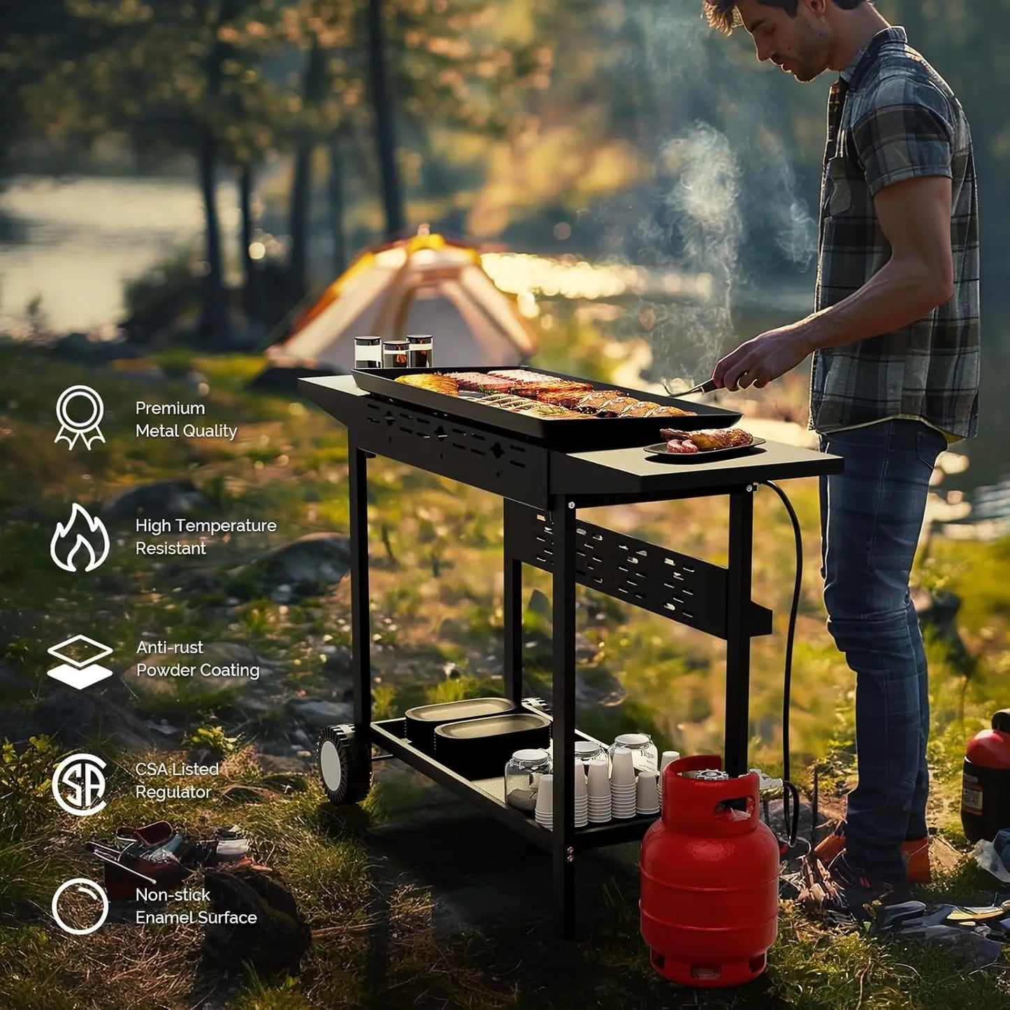 4 Burner Portable Propane Griddle with Nonstick Enameled Tray, 40000 BTU Rolling Flat Top Gas Grill with Electronic Ignition