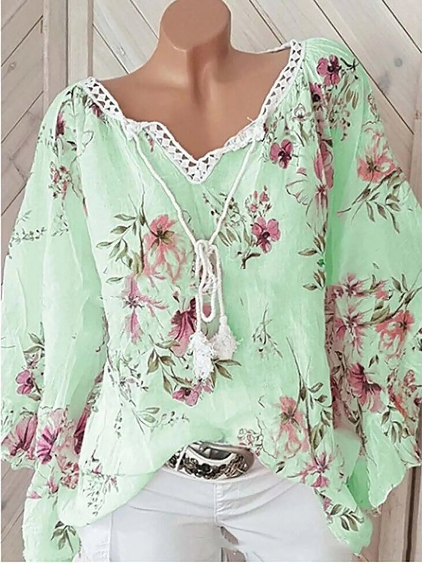 2024 Europe and the United States spring and summer new women's top V-neck splicing print large size long-sleeved shirt women