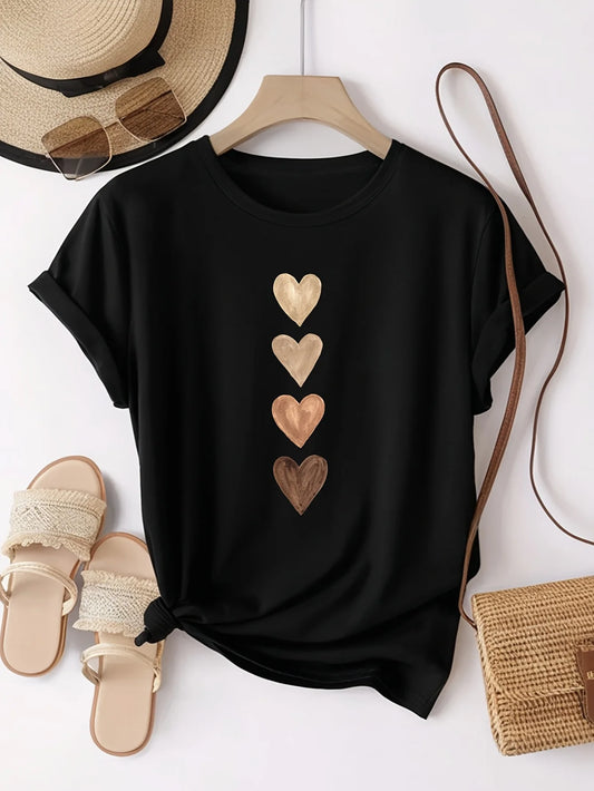 CN Fujian Women's Casual Short Sleeve T Shirt Round Neck With Four Heart Graphic Print Polyester