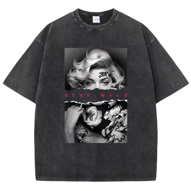 Woman Cotton Washed T-Shirts All-Math Loose O-Neck Short Sleeve European Style Fashion Portrait Print Tops Summer Female Clothes
