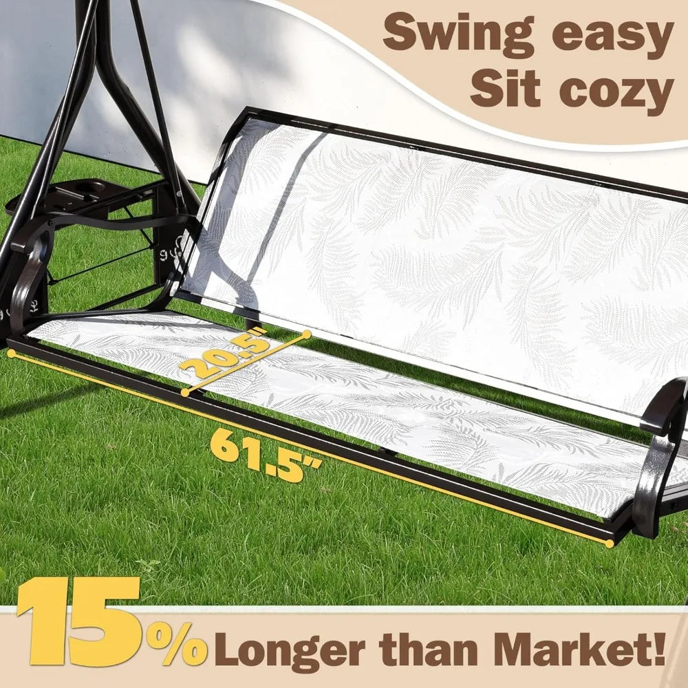 3 Person Patio Swing Outdoor Swing for Adults with Adjustable Canopy &Upgraded Cup Holders Textilene Fabric Porch Swing Chair wi
