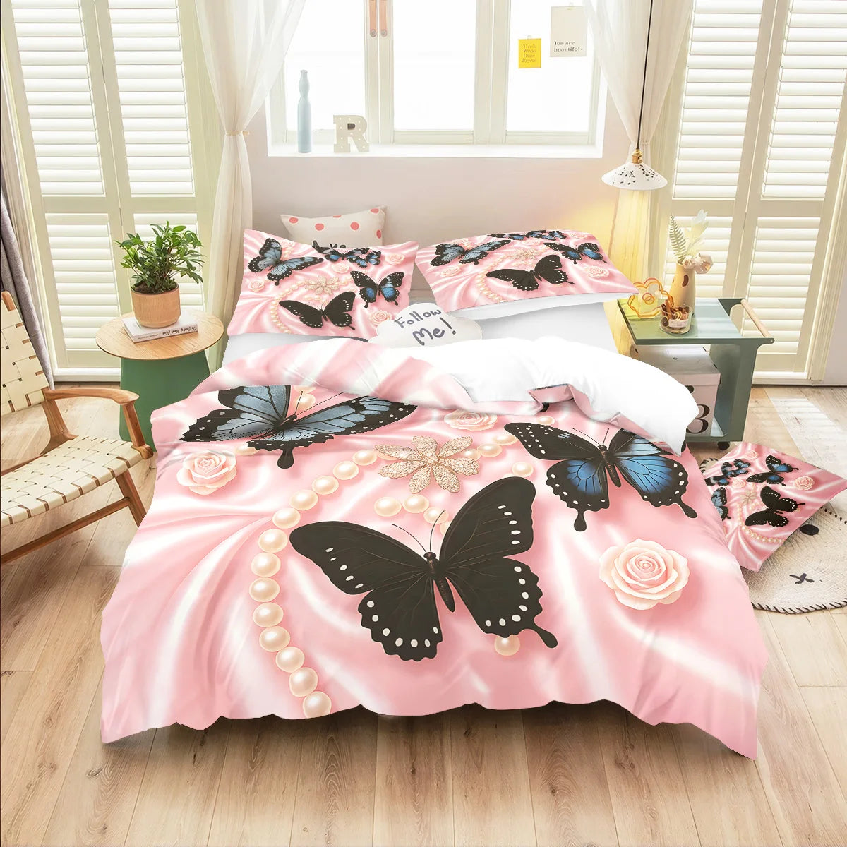3pcs Pink butterfly pattern bedding set, 1*quilt cover+2*pillowcase, suitable for girls and women bedroom, birthday gift