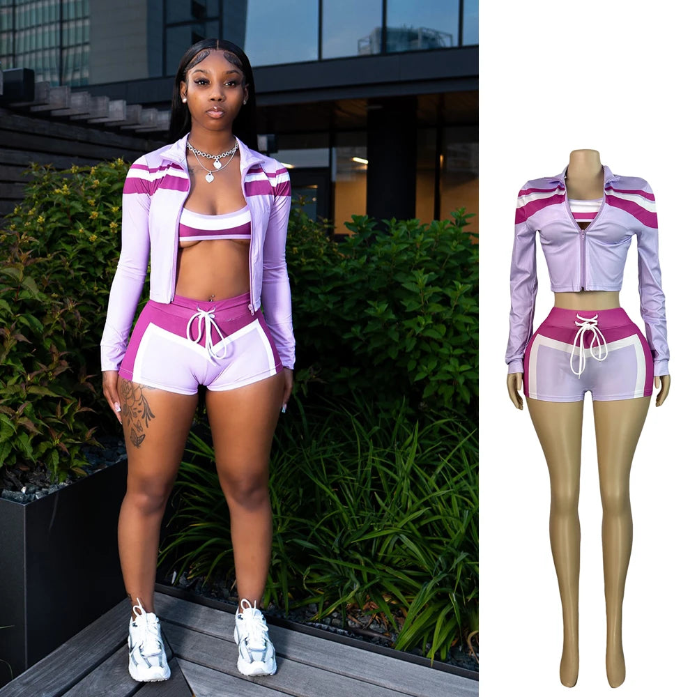 Jenyage 3 Piece Fitted Tracksuit Set Bra Jacket Shorts