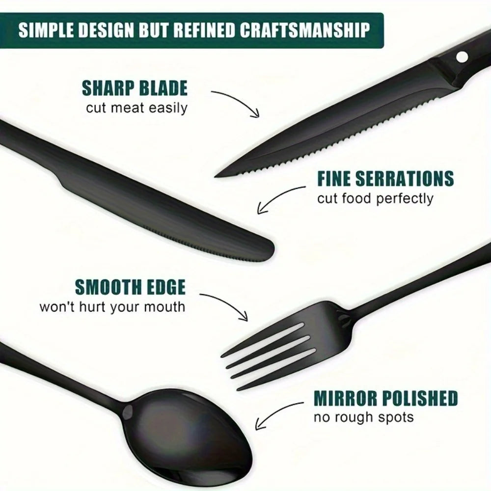 Black 36-Piece Stainless Flatware Set With Steak Knives