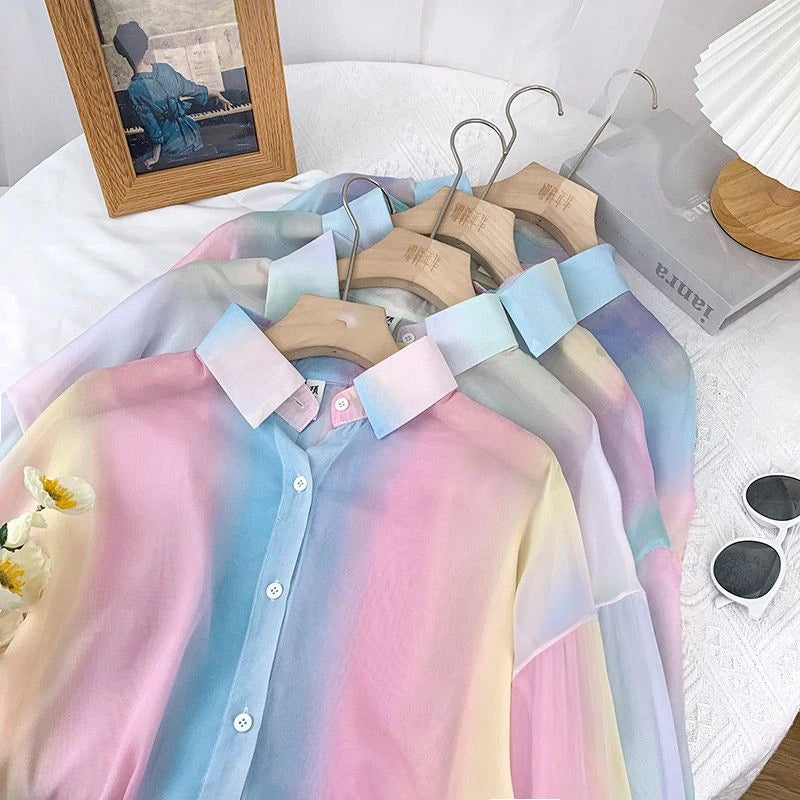 Irregular Gradient Rainbow Long Sleeved Shirt And Blouses Thin Youthful Women's Clothing Loose Top Pink Casual Transparent New