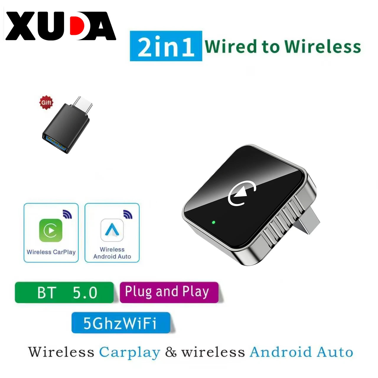 XUDA 2 In 1 Wired To Wireless CarPlay Android Auto Adapter