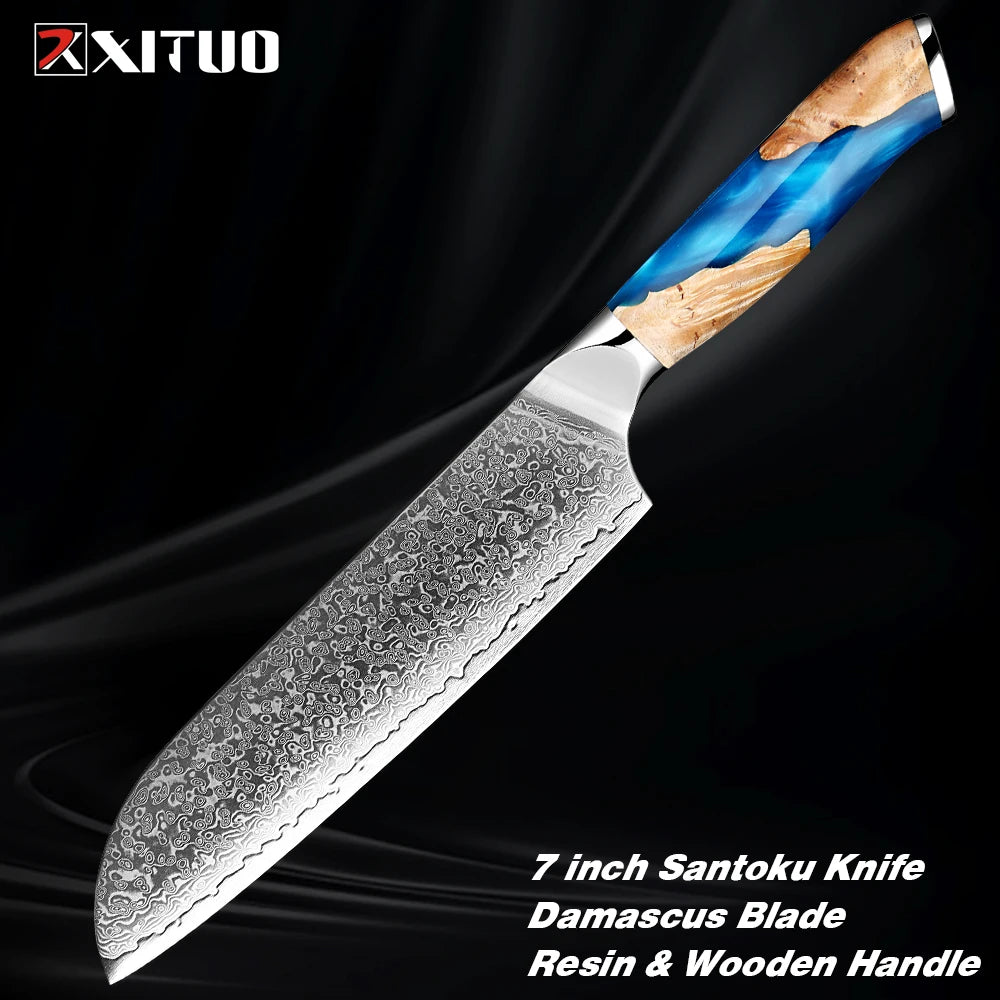 Damascus Steel Chef Knife Set 1-7PCS Ultra Sharp Japanese Kitchen Knives - Santoku Chef Knife, Cleaver, Boning, Fruit Knives