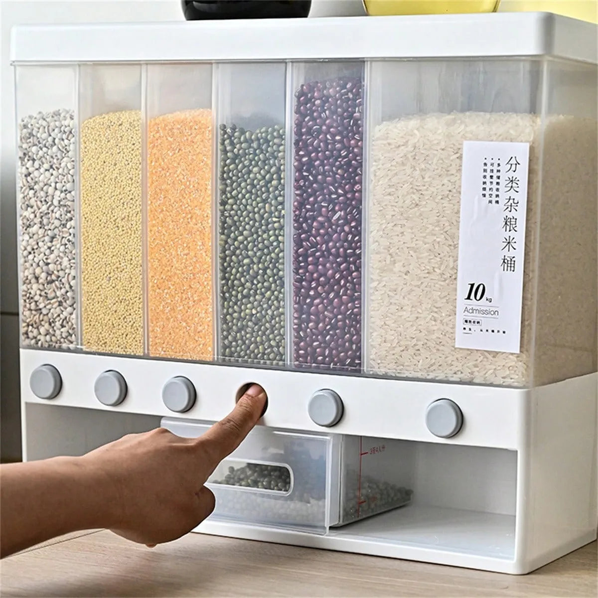Wall Mounted Cereal Dry Food Dispenser 10L for Kitchen Pantry Organization Containers for Rice Dispenser with Measuring Cup