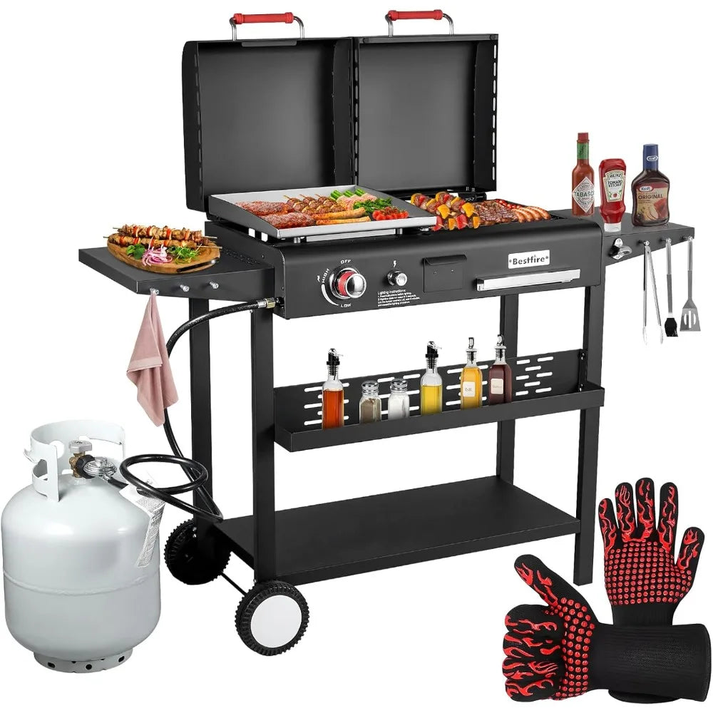 Bestfire Dual Fuel Propane Gas Charcoal Grill Combo Black Dual Lids, Flat Top Grill With 2 Side Shelves for BBQ, Outdoor and Bac