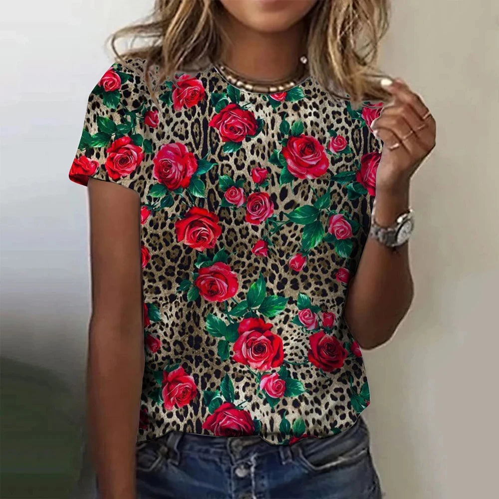 Sexy Leopard Heart 3D Print T-Shirts Women Fashion Round-Neck Casual Short Sleeve T Shirt Harajuku Top Y2k Tees Female Clothing