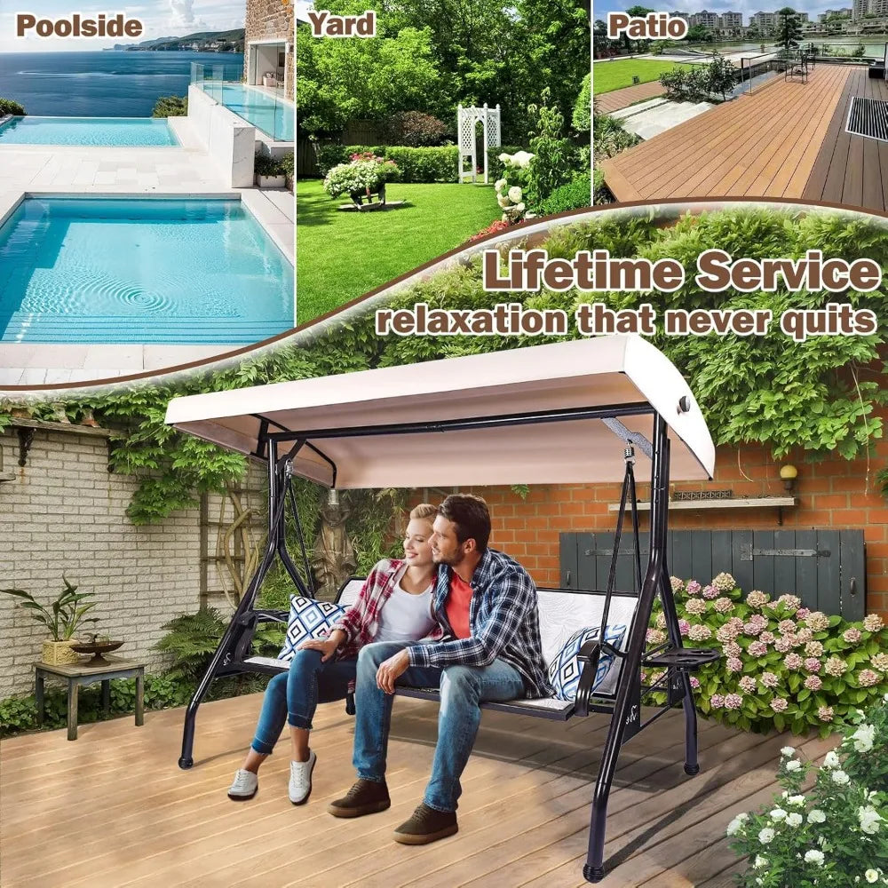 3 Person Patio Swing Outdoor Swing for Adults with Adjustable Canopy &Upgraded Cup Holders Textilene Fabric Porch Swing Chair wi