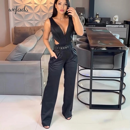 Wefads Sexy Women Jumpsuit Women Sleeveless Deep v-Neck Solid Black Sexy Jumpsuit Women Summer Casual Slim Lady Streetwear