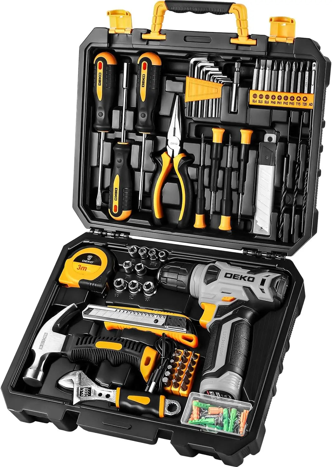 DEKO 126 Piece Power Tool Combo Kits with 8V Cordless Drill, 10MM 3/8'' Keyless Chuck, Professional Household Home Tool Kit Set