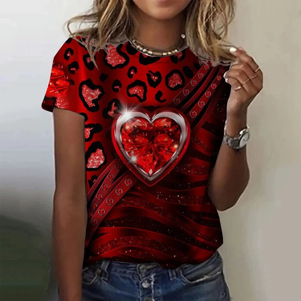 Sexy Leopard Heart 3D Print T-Shirts Women Fashion Round-Neck Casual Short Sleeve T Shirt Harajuku Top Y2k Tees Female Clothing