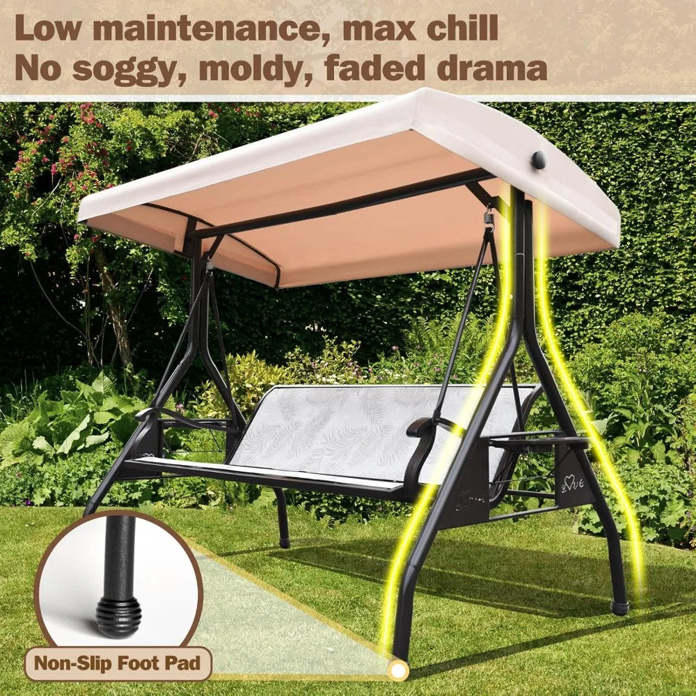 3 Person Patio Swing Outdoor Swing for Adults with Adjustable Canopy &Upgraded Cup Holders Textilene Fabric Porch Swing Chair wi