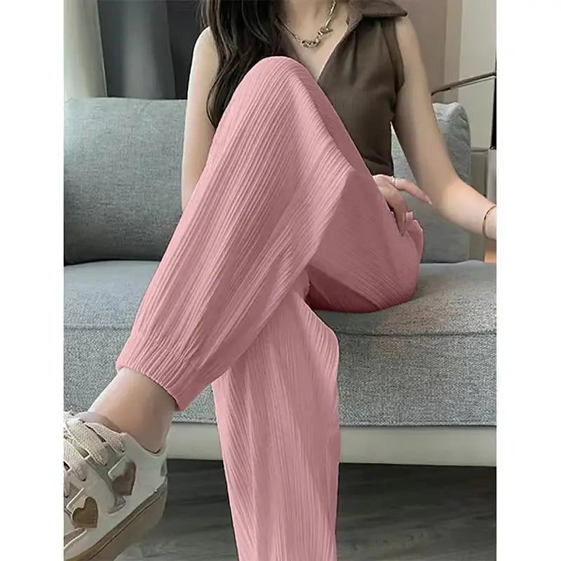 Thin Casual Wide Leg Harem Ankle-Length Pants Solid Elastic Waist Women New In ClothingSweet Streetweat Summer Long Trousers OL