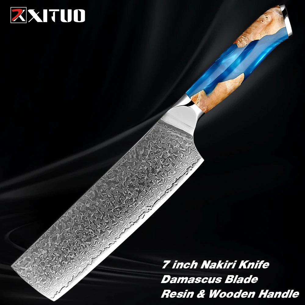 Damascus Steel Chef Knife Set 1-7PCS Ultra Sharp Japanese Kitchen Knives - Santoku Chef Knife, Cleaver, Boning, Fruit Knives