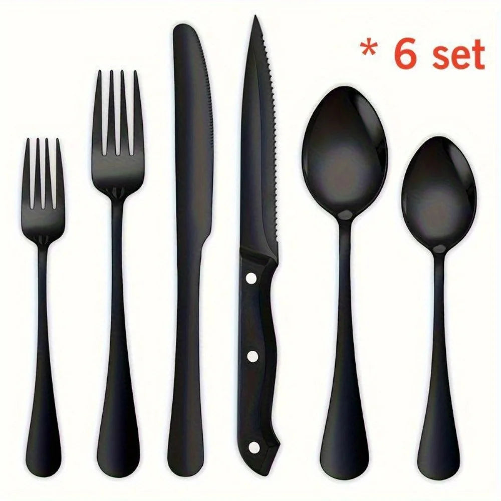 Black 36-Piece Stainless Flatware Set With Steak Knives