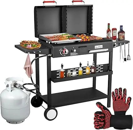 Bestfire Dual Fuel Propane Gas Charcoal Grill Combo Black Dual Lids, Flat Top Grill With 2 Side Shelves for BBQ, Outdoor and Bac