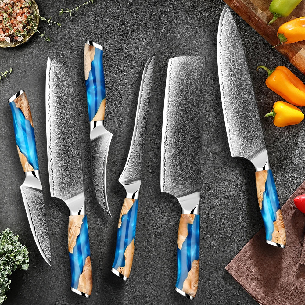 Damascus Steel Chef Knife Set 1-7PCS Ultra Sharp Japanese Kitchen Knives - Santoku Chef Knife, Cleaver, Boning, Fruit Knives