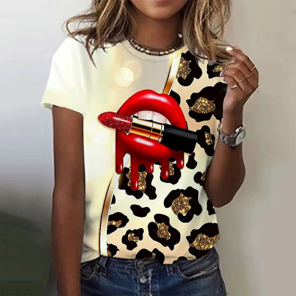 Sexy Leopard Heart 3D Print T-Shirts Women Fashion Round-Neck Casual Short Sleeve T Shirt Harajuku Top Y2k Tees Female Clothing