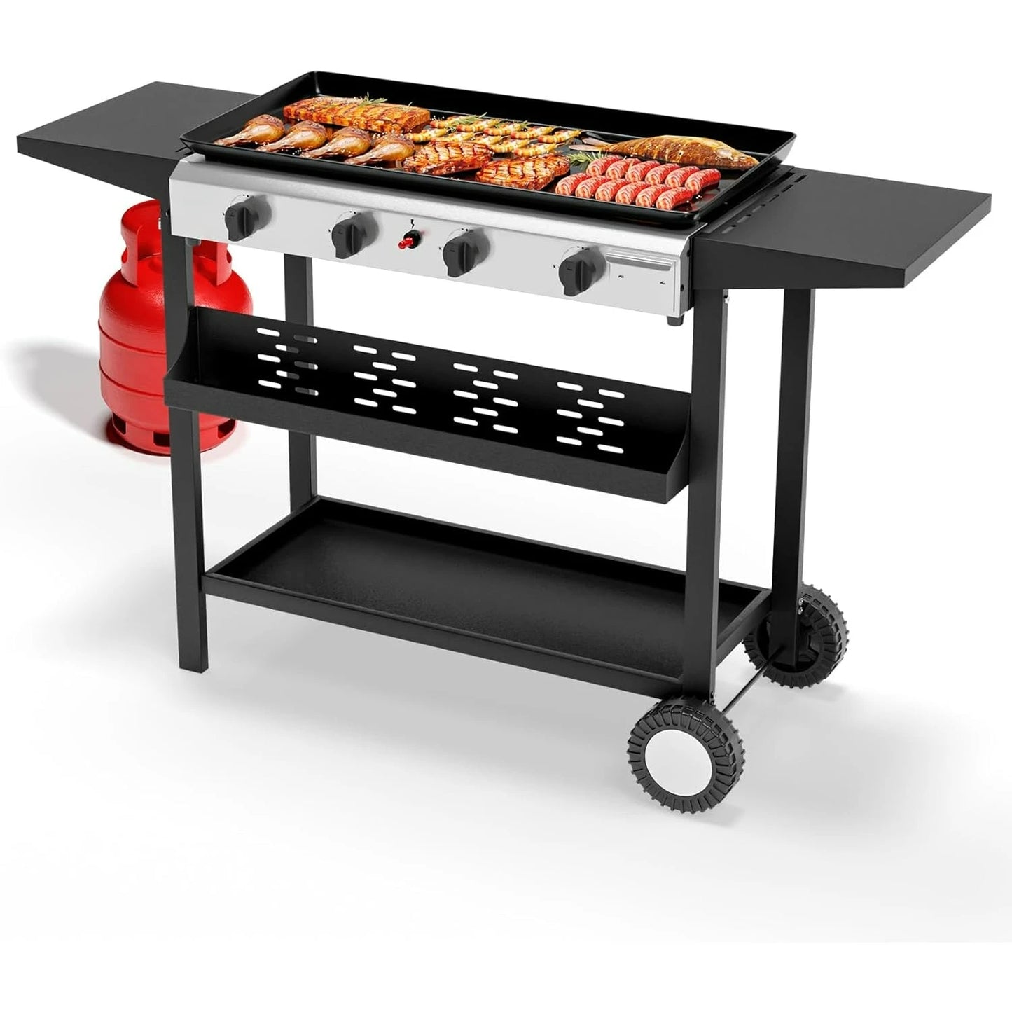 4 Burner Portable Propane Griddle with Nonstick Enameled Tray, 40000 BTU Rolling Flat Top Gas Grill with Electronic Ignition
