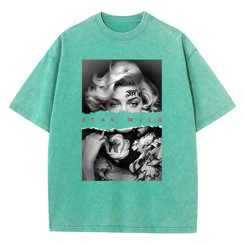 Woman Cotton Washed T-Shirts All-Math Loose O-Neck Short Sleeve European Style Fashion Portrait Print Tops Summer Female Clothes