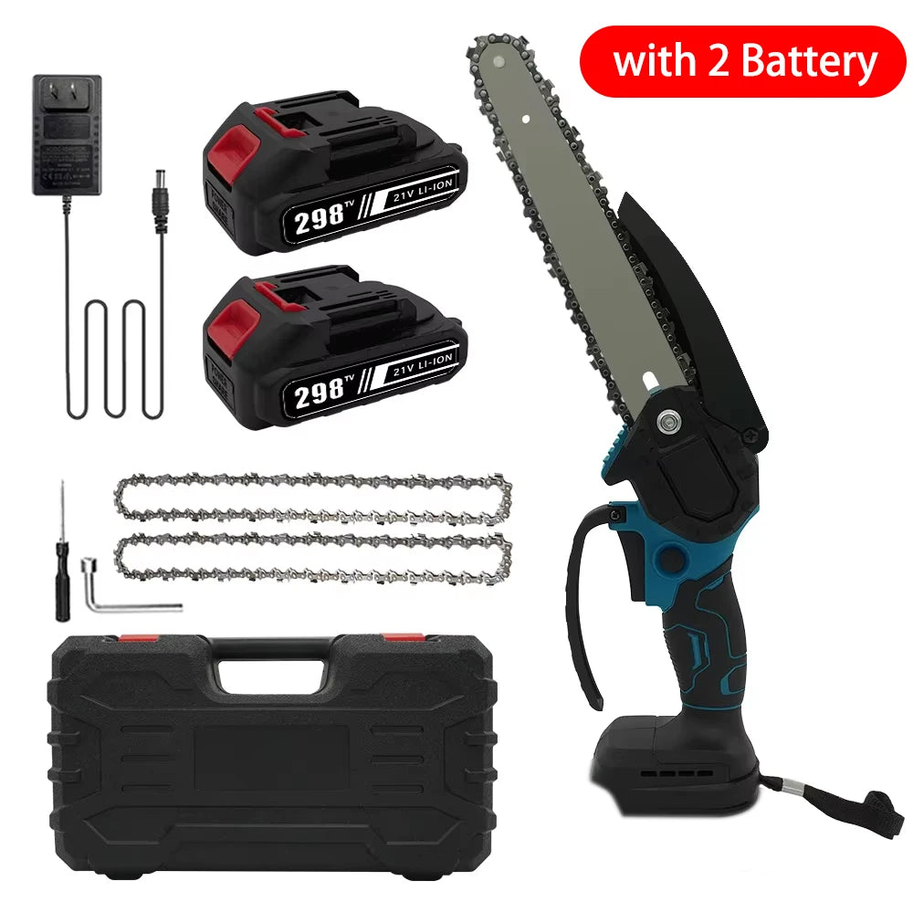 Mini Chainsaw 6In Cordless Woodworking Handheld Garden Wood Logging Chainsaw Electric Saw Cutting Power Tool  2 Battery 1 Box
