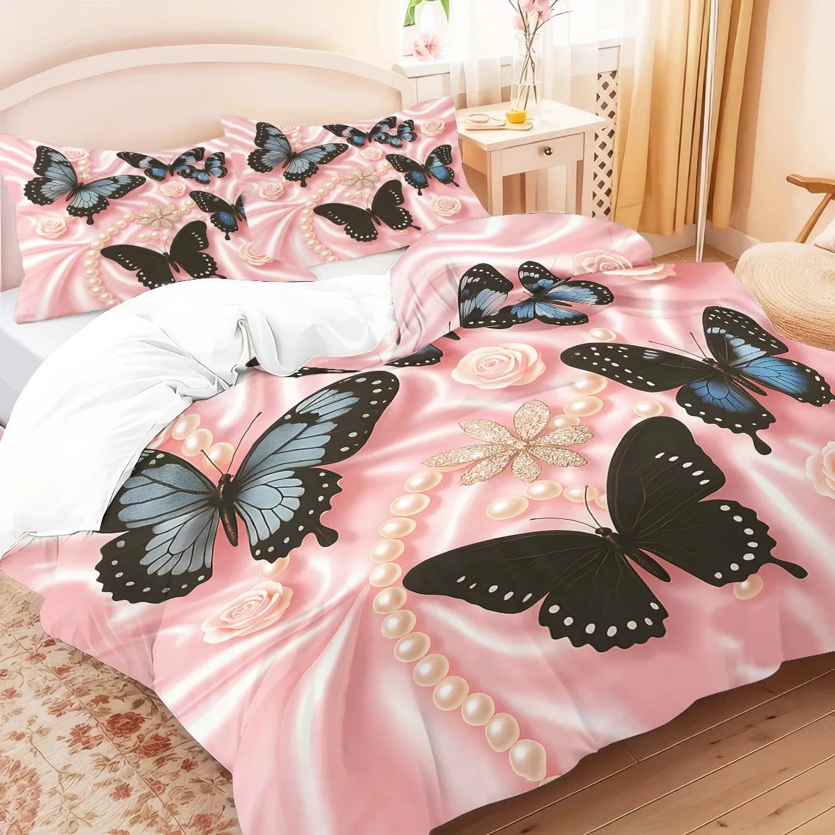 3pcs Pink butterfly pattern bedding set, 1*quilt cover+2*pillowcase, suitable for girls and women bedroom, birthday gift