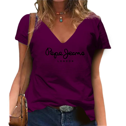 Fashion Women T-shirt Oversized Ladies Short Sleeve Tees Solid Color Floral Print Clothing V-neck Female Summer T-shirt Y2K Top