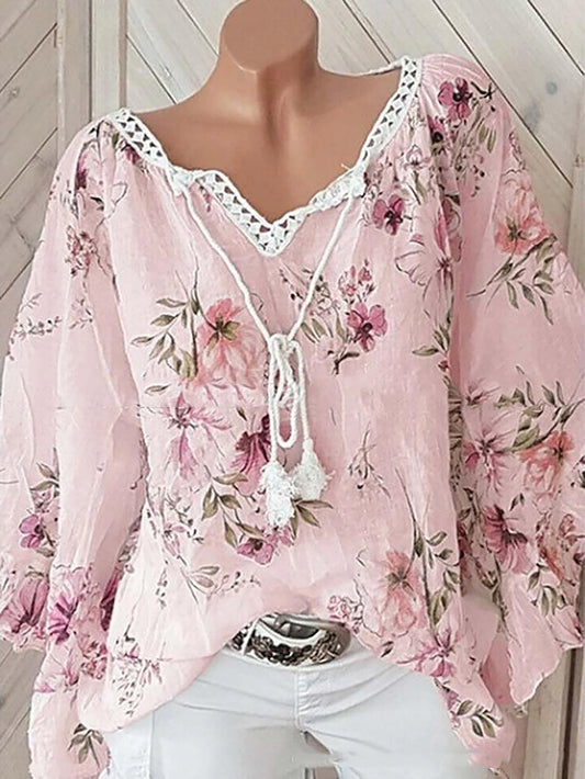 2024 Europe and the United States spring and summer new women's top V-neck splicing print large size long-sleeved shirt women