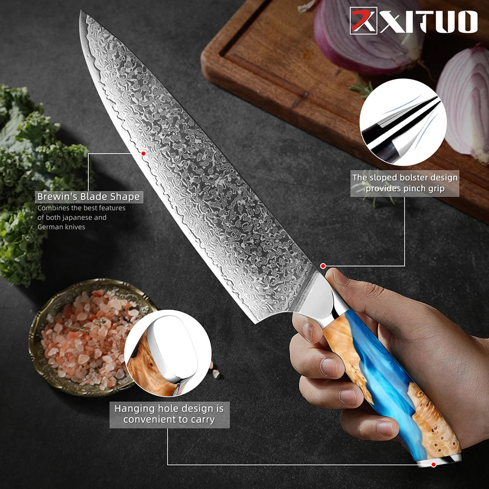Damascus Steel Chef Knife Set 1-7PCS Ultra Sharp Japanese Kitchen Knives - Santoku Chef Knife, Cleaver, Boning, Fruit Knives