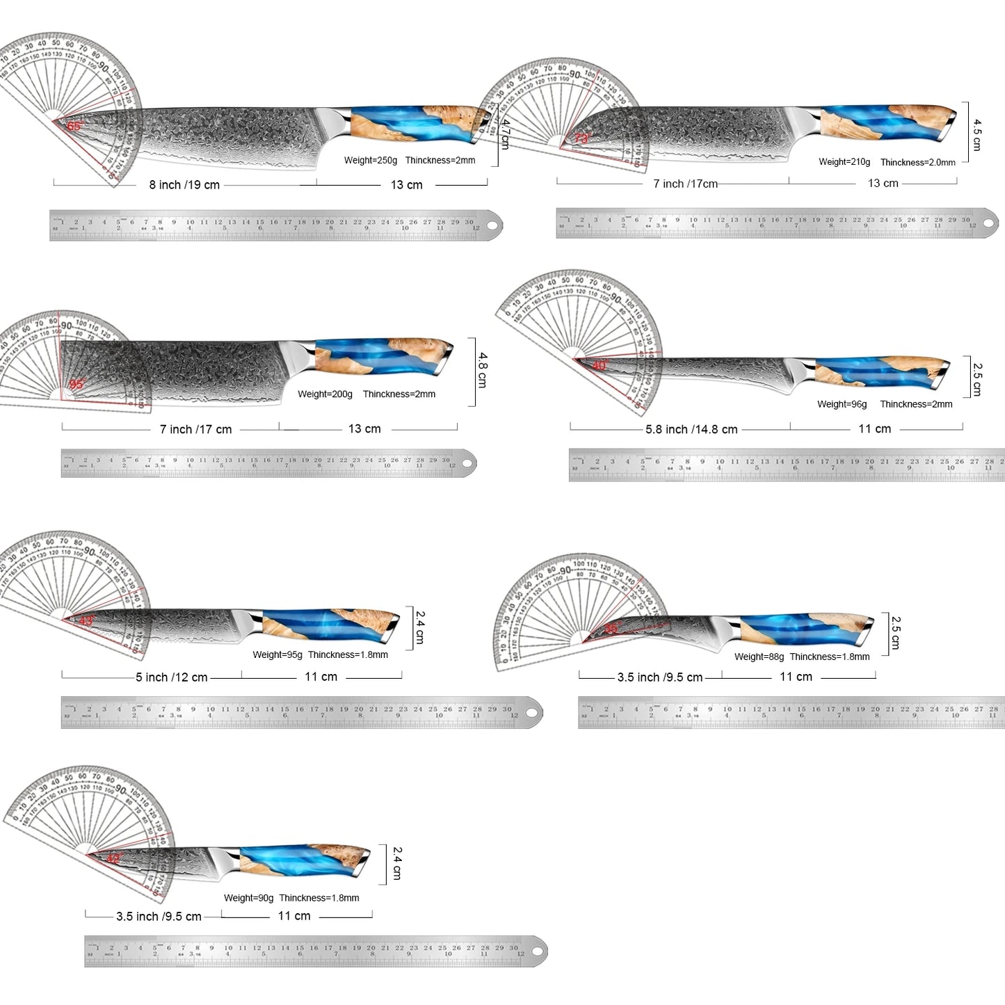 Damascus Steel Chef Knife Set 1-7PCS Ultra Sharp Japanese Kitchen Knives - Santoku Chef Knife, Cleaver, Boning, Fruit Knives