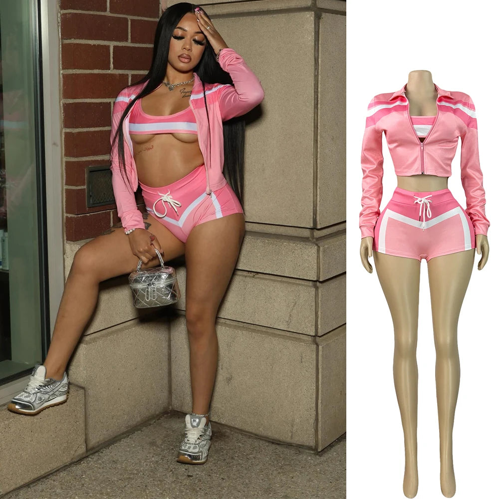 Jenyage 3 Piece Fitted Tracksuit Set Bra Jacket Shorts