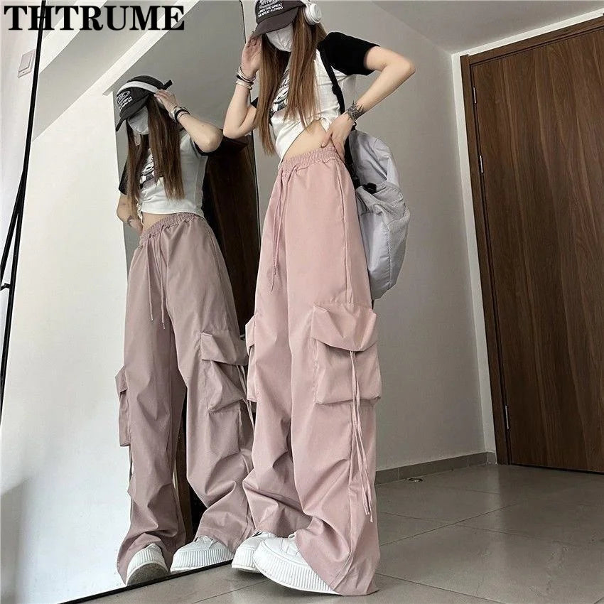 THTRUMECN Retro Vintage High Street Baggy Pants Oversized Drawstring Pocket Casual Streetwear Joggers