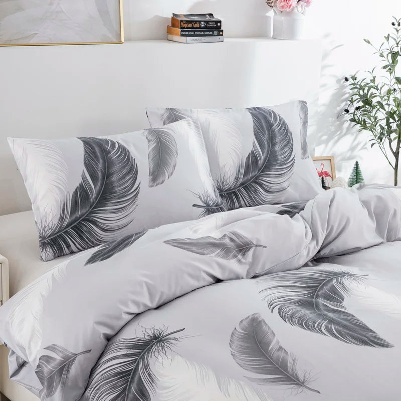 Grey Feather Duvet Cover Full Queen Bird Plume Boho Bedding Set Luxury Soft Reversible White Comforter Cover for Kids Girls Teen