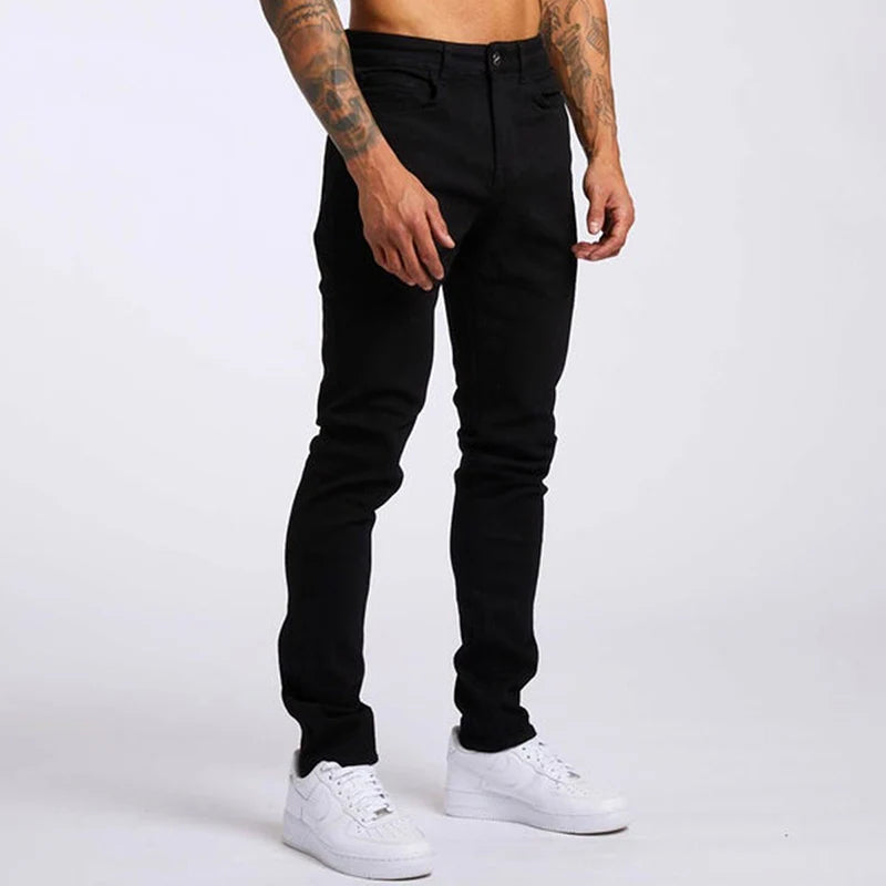 Mens Jeans Elastic Skinny Solid Color Stretch Pencil Pants Slim Fit Denim Jeans Jogging Streetwear Cowboy Casual Trousers Blck
