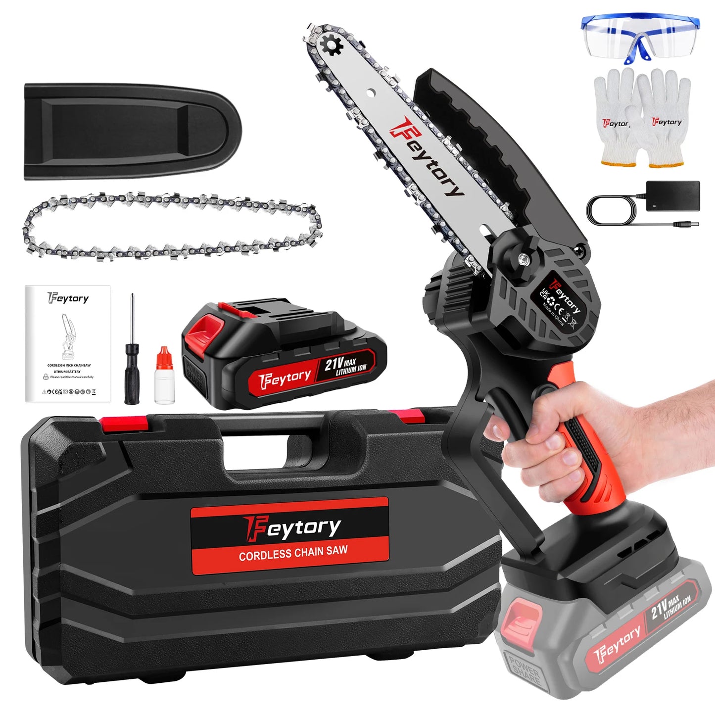 Mini Chainsaw 21V with Battery & Charger Woodworking with Small Handheld Electric 6-inch Logging Sawzall Mini Portable Chainsaw