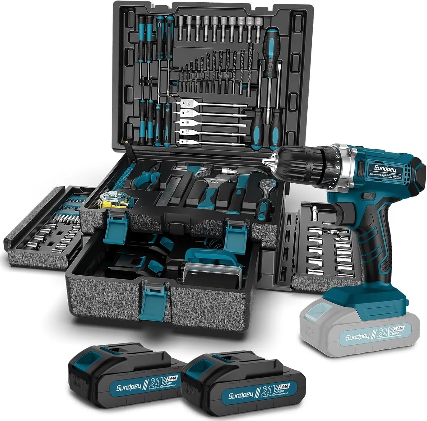 Tool Kit with 21V Cordless Drill - 255-PCs Portable Complete General Basic Home and Auto Repair Tool Set with Drawer for Handyma