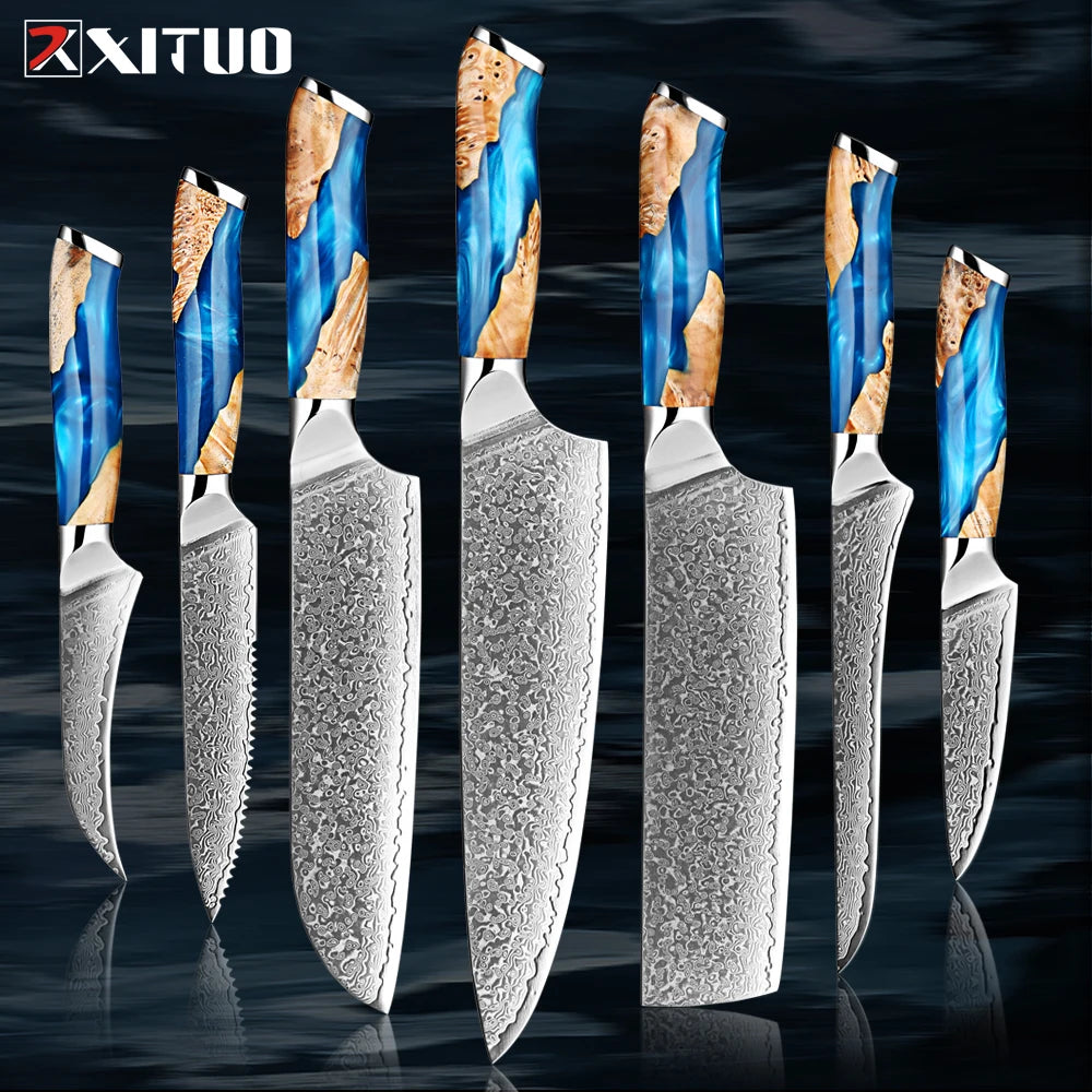 Damascus Steel Chef Knife Set 1-7PCS Ultra Sharp Japanese Kitchen Knives - Santoku Chef Knife, Cleaver, Boning, Fruit Knives