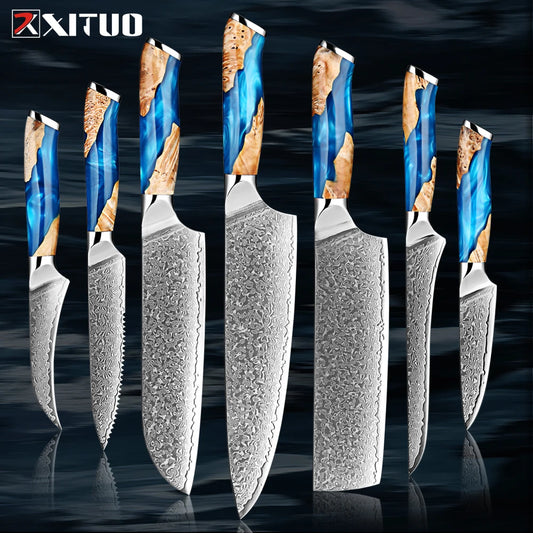 Damascus Steel Chef Knife Set 1-7PCS Ultra Sharp Japanese Kitchen Knives - Santoku Chef Knife, Cleaver, Boning, Fruit Knives