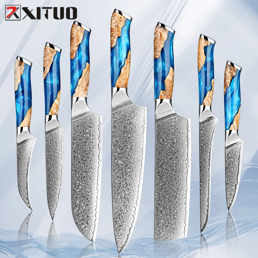 Damascus Steel Chef Knife Set 1-7PCS Ultra Sharp Japanese Kitchen Knives - Santoku Chef Knife, Cleaver, Boning, Fruit Knives