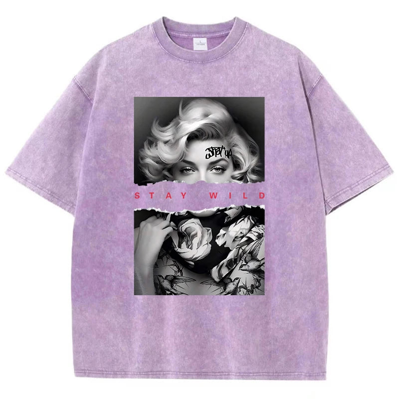 Woman Cotton Washed T-Shirts All-Math Loose O-Neck Short Sleeve European Style Fashion Portrait Print Tops Summer Female Clothes