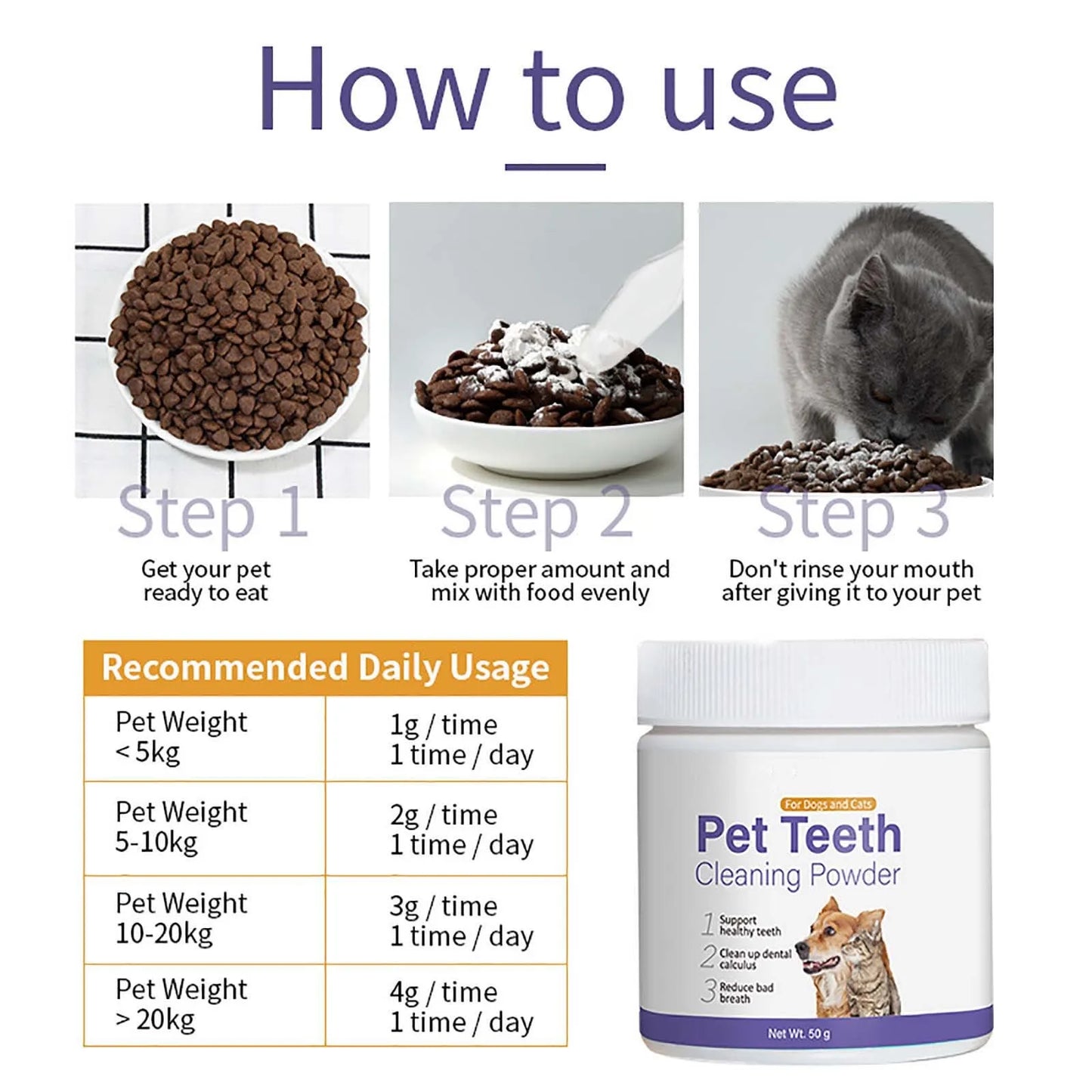 Pet Teeth Cleaning Powder for Cats and Dogs Fresh Breath