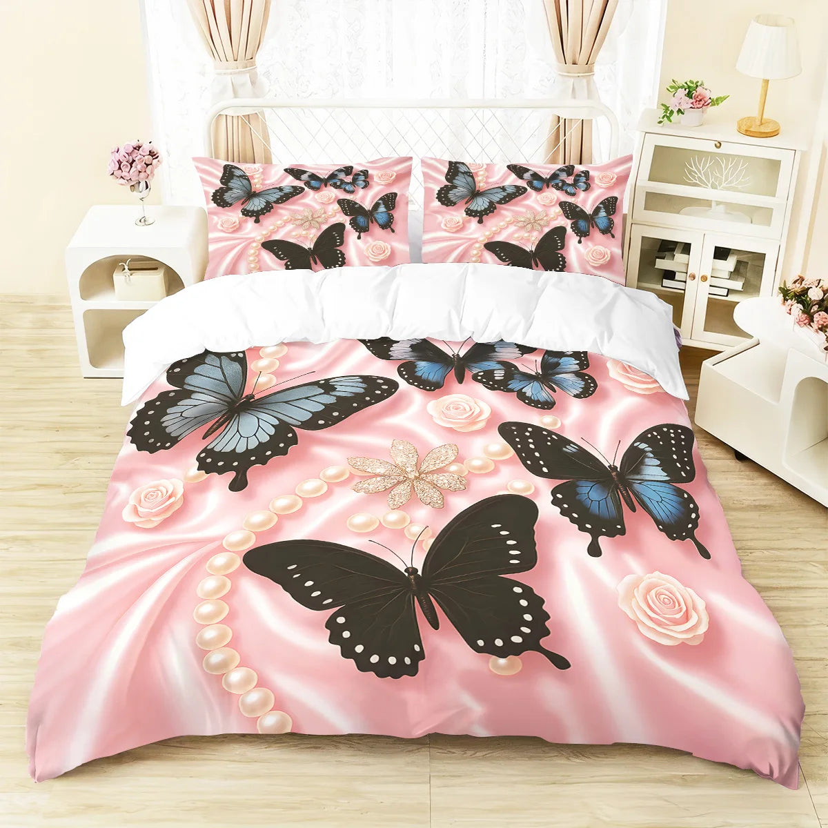 3pcs Pink butterfly pattern bedding set, 1*quilt cover+2*pillowcase, suitable for girls and women bedroom, birthday gift