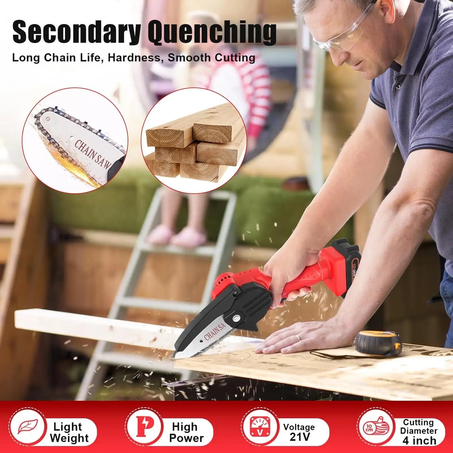 Mini 4 Inch Battery Powered Chain Saw, 21V 1500mAh, Rechargeable, Lightweight, Safety Features, Suitable for Cutting Wood