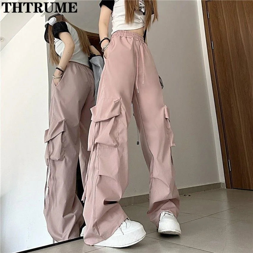THTRUMECN Retro Vintage High Street Baggy Pants Oversized Drawstring Pocket Casual Streetwear Joggers