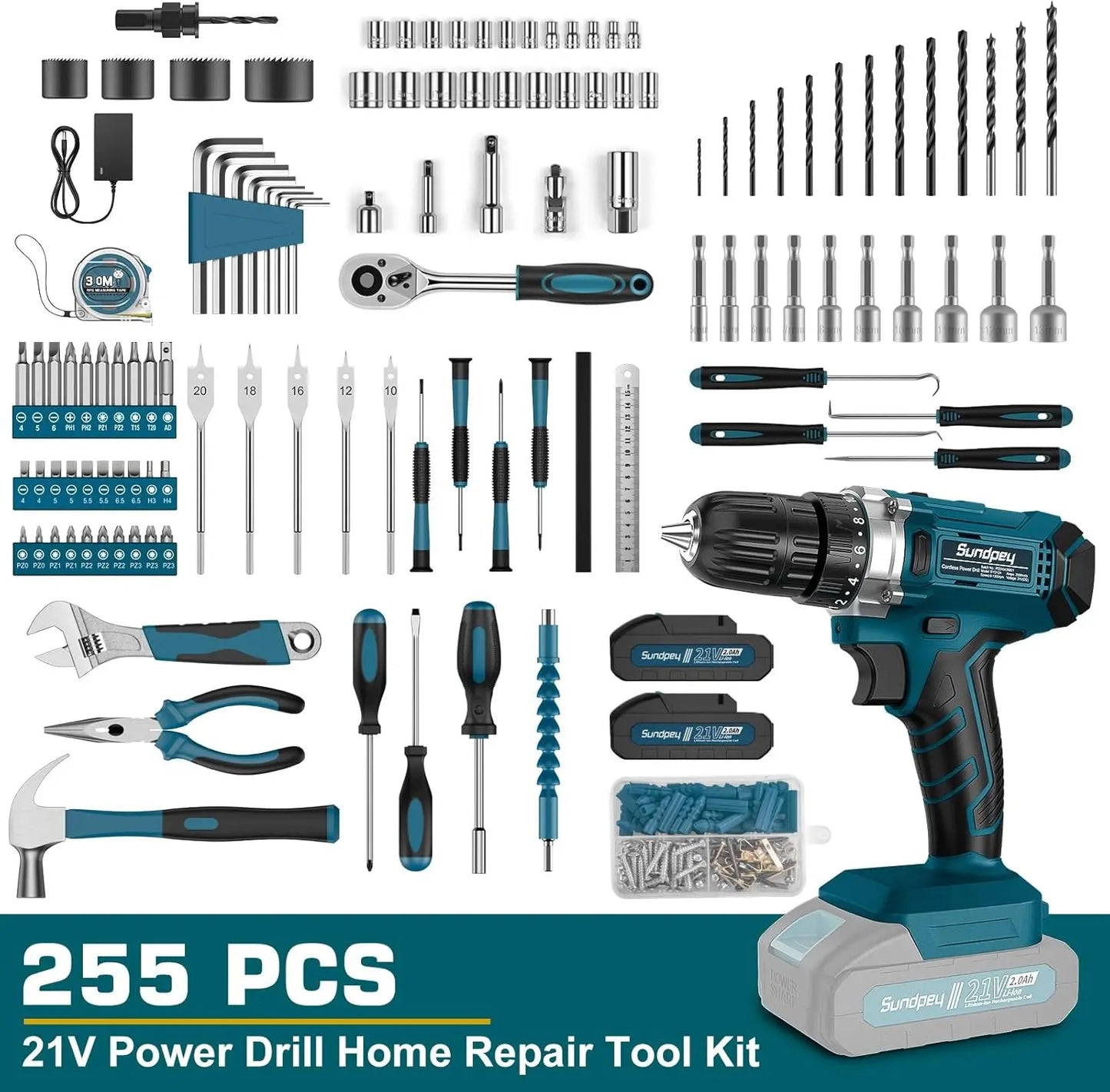 Tool Kit with 21V Cordless Drill - 255-PCs Portable Complete General Basic Home and Auto Repair Tool Set with Drawer for Handyma